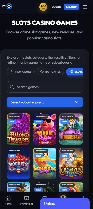 Mr O Casino mobile games screen with casino game categories