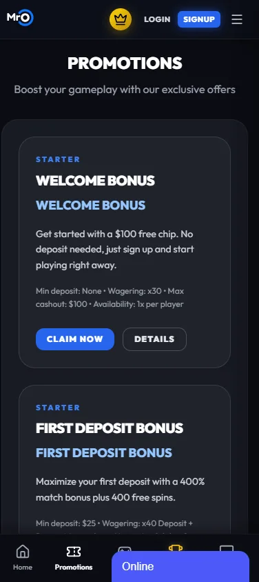 Mr O Casino mobile promotions screen with bonus offers
