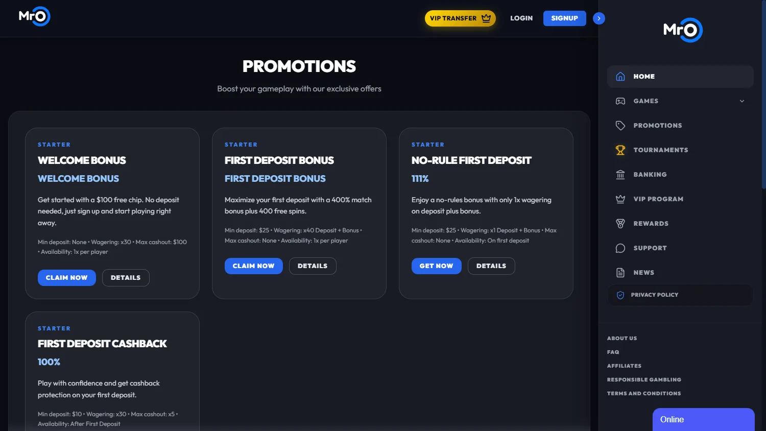 Mr O Casino desktop promotions screen with bonus offers