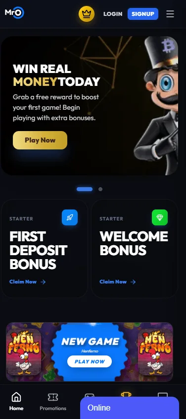 Mr O Casino mobile home screen with the casino offer