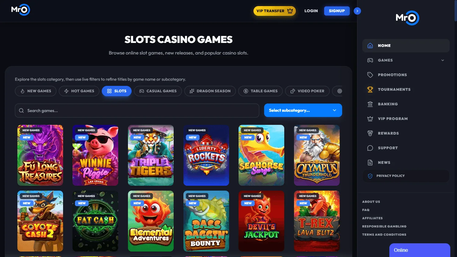 Mr O Casino desktop games screen with casino game categories